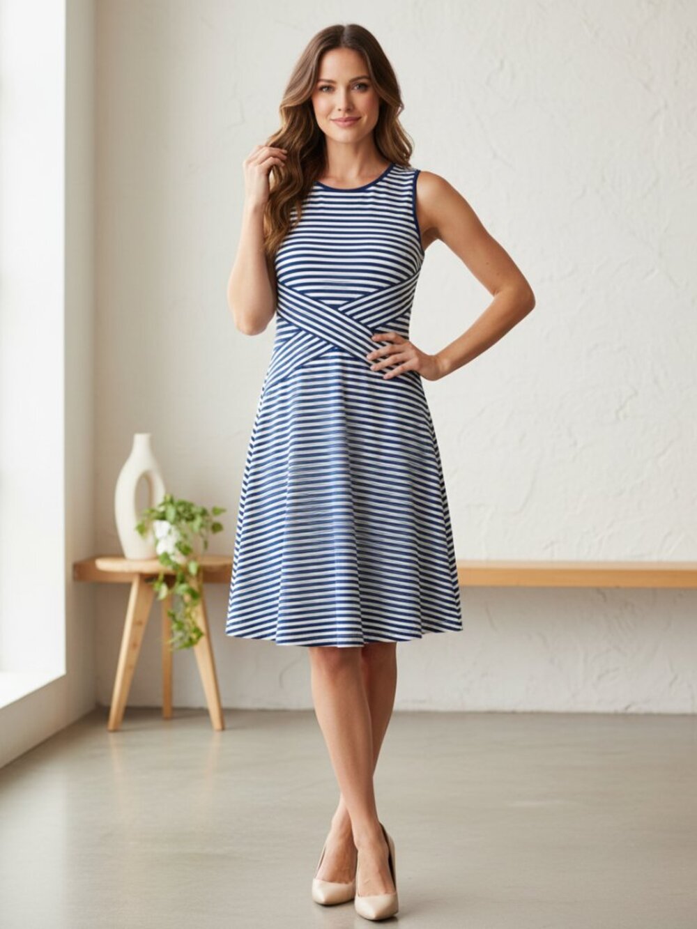 Trulli S Blue‎ White Knit Swing Dress Retro Minimalist Office Siren Coastal